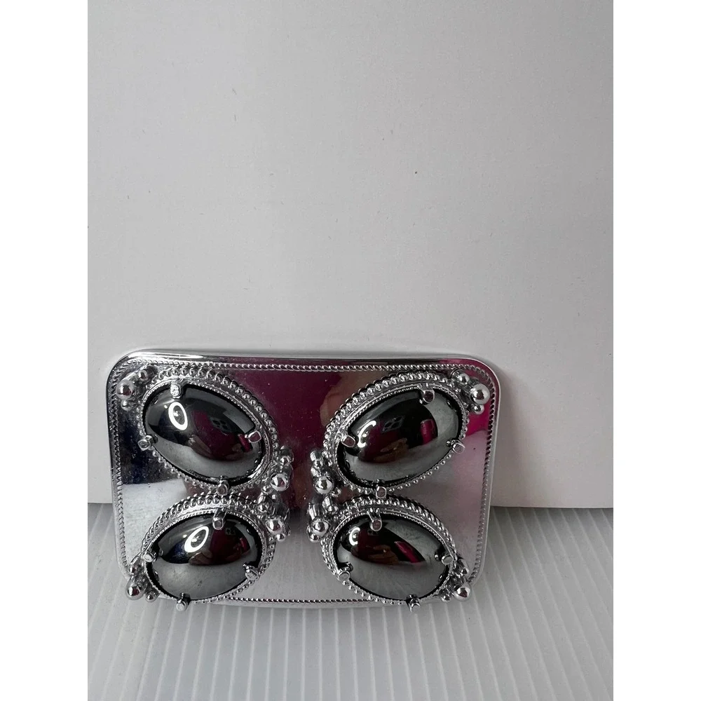 Silver Tone Western Belt Buckle Four Oval Hematite Stones Cabochon Rectangular